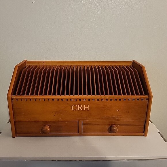 VTG LILLIAN VERNON Wood Desktop Mail CD ORGANIZER 31 SLOTS & DRAWERS 16 x 18" - Picture 1 of 11